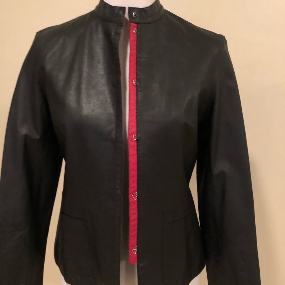 Black leather jacket Bright red trim